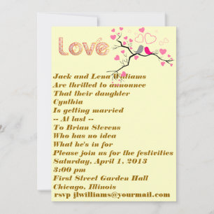 Pink, Gray Lovebirds & Hearts Wedding Einladung