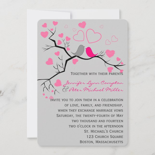 Pink, Gray Lovebirds & Hearts Wedding Einladung (Vorderseite)