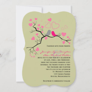 Pink, Gray Lovebirds & Hearts Wedding Einladung