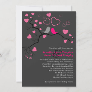 Pink, Gray Lovebirds & Hearts Wedding Invitation