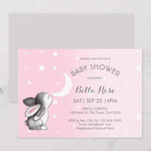 Pink Gray Moon Stars Bunny Baby Shower Einladungen