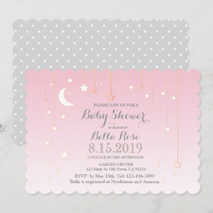 Pink Gray Moon Stars Girl Babydusche Einladung