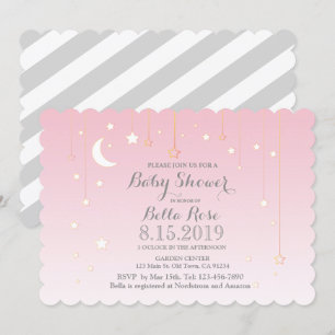 Pink Gray Moon Stars Girl Babydusche Einladung