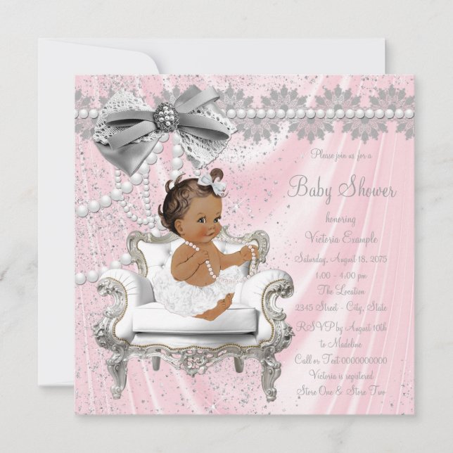 Pink Gray Pearl Chair Ethnic Girl Baby Dusche Einladung (Vorderseite)