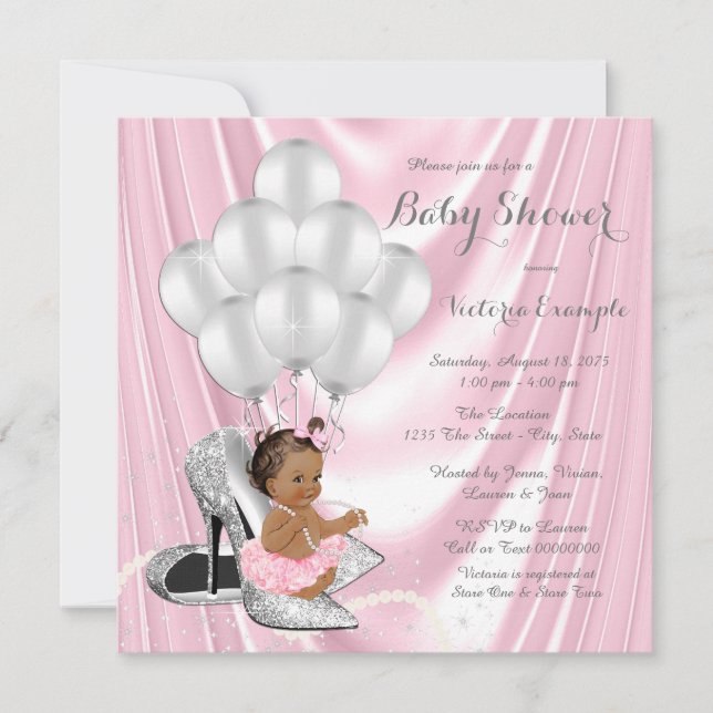 Pink Gray Pearl High Heel Ethnic Baby Dusche Einladung (Vorderseite)