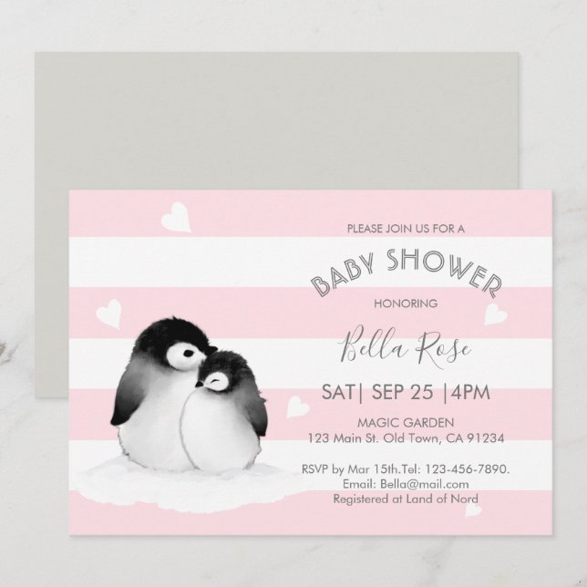 Pink Gray Pinguin Baby Dusche Einladungen (Vorne/Hinten)