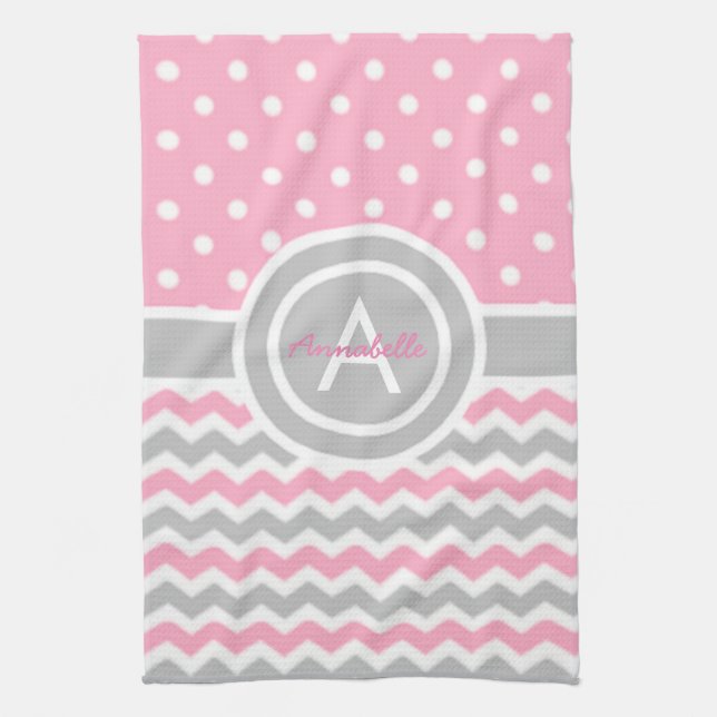 Pink Gray Polka Dot Zickzack Geschirrtuch (Vertikal)