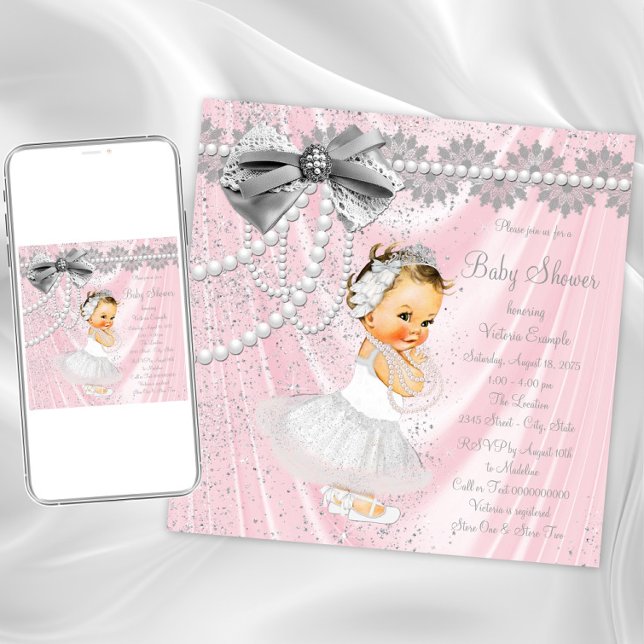 Pink Gray Satin Pearl Little Lady Baby Dusche Einladung (Adorable pink and gray baby shower invitation. Instant download and printed invitations available.)