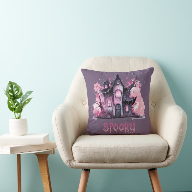 Pink & Gray Spooky Spuk House Lila Halloween Kissen (Stuhl )