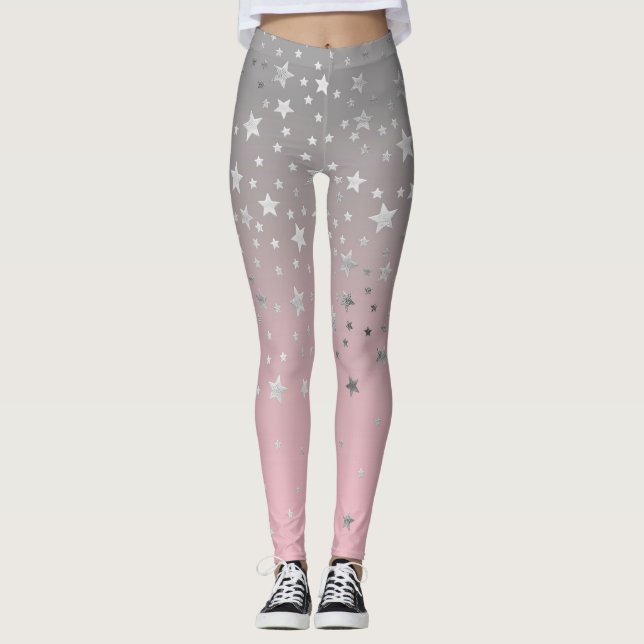 Pink Gray Stars Ombre Stilvolle Chic Modern Trendy Leggings (Vorderseite)