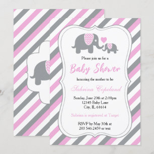 Pink & Gray Stripes Baby Elephant   Babydusche Einladung