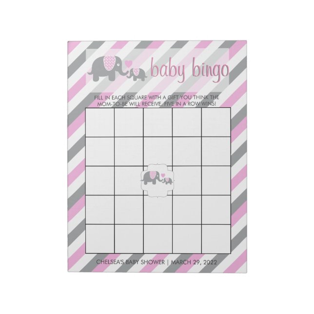 Pink & Gray Stripes Baby Elephant Bingo Notizblock (Rotiert)