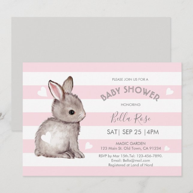 Pink Gray Stripes Bunny Heart Baby Dusche einladen Einladung (Vorne/Hinten)
