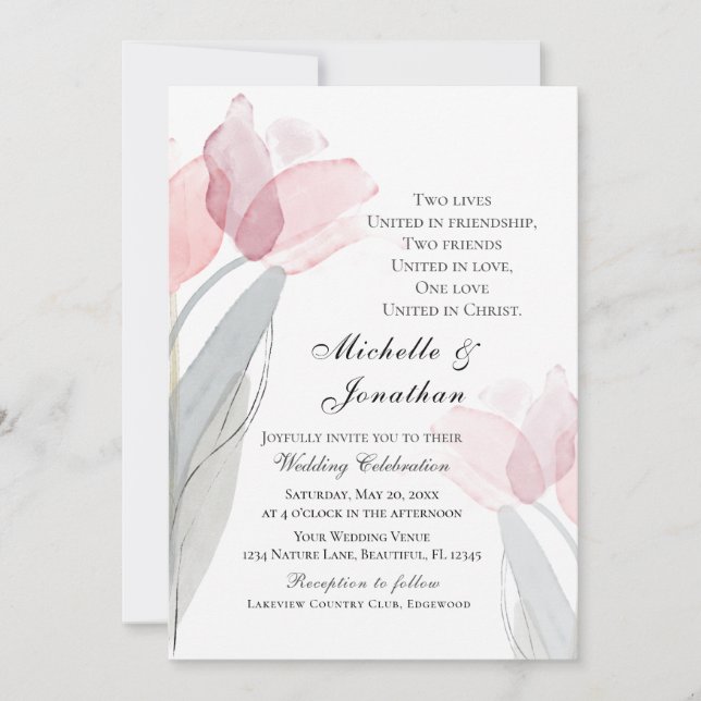 Pink Gray Tulips Moderne Christliche Hochzeit mit  Einladung (Vorderseite)