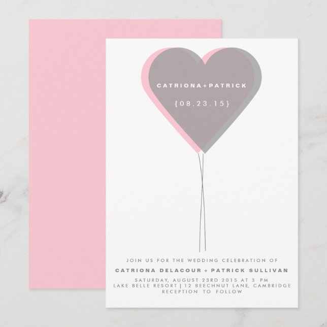 Pink & Gray Twin Hearts Balloon Hochzeitseinladung Einladung (Vorne/Hinten)