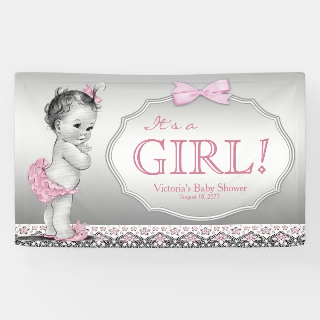 Pink Gray Vintag Baby Girl Baby Dusche Banner (Horizontal)