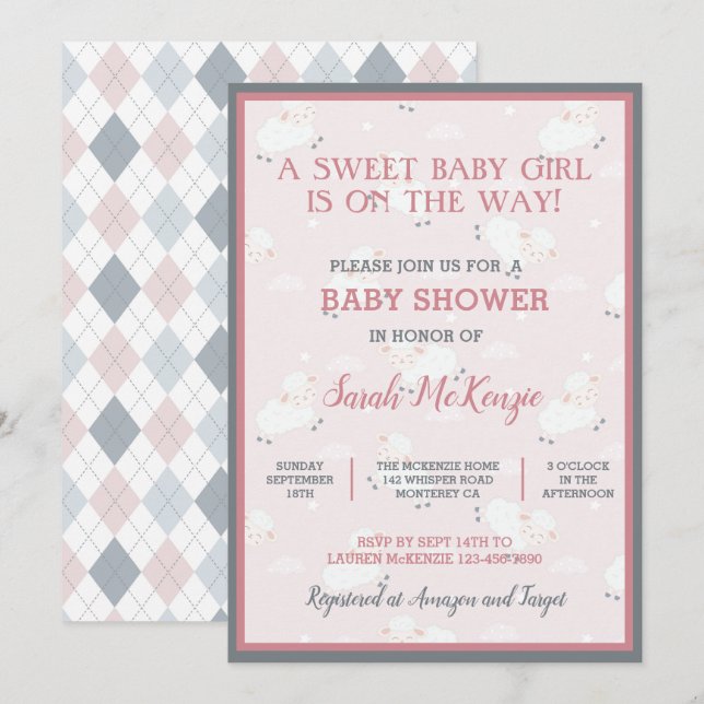 Pink Gray White Baby Lambs Leaping Baby Dusche Einladung (Vorne/Hinten)