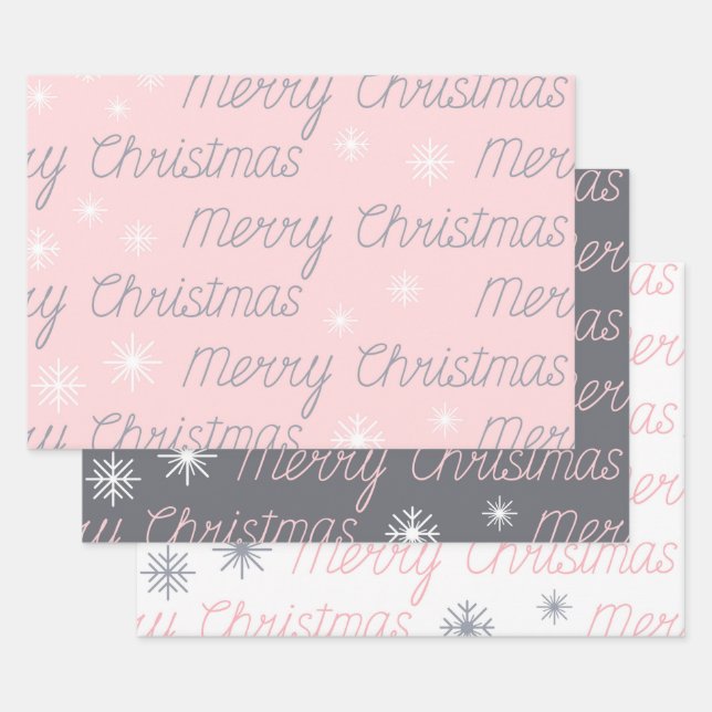 PINK GRAY WHITE HOLIDAY MERRY CHRISTMAS GESCHENKPAPIER SET (Set)