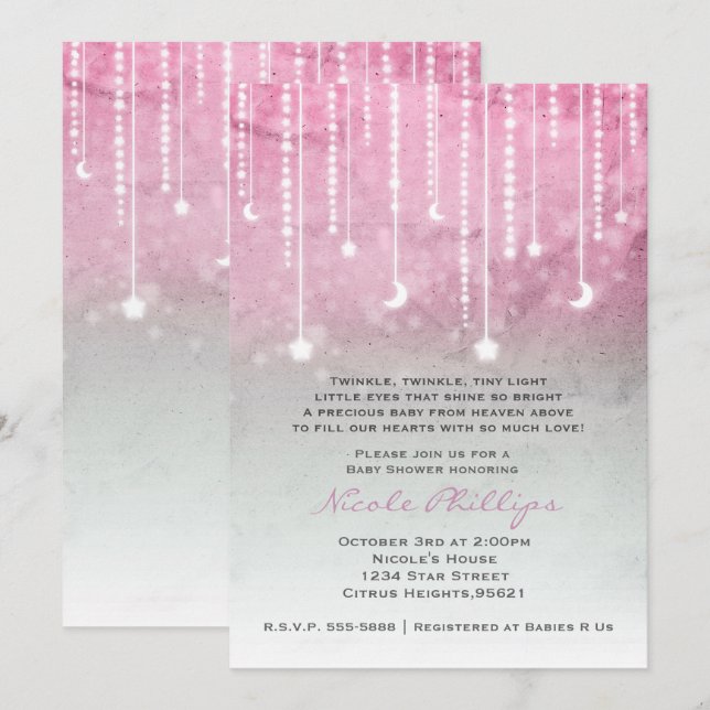 Pink Gray White Moon & Stars Celestial Baby Dusche Einladung (Vorne/Hinten)