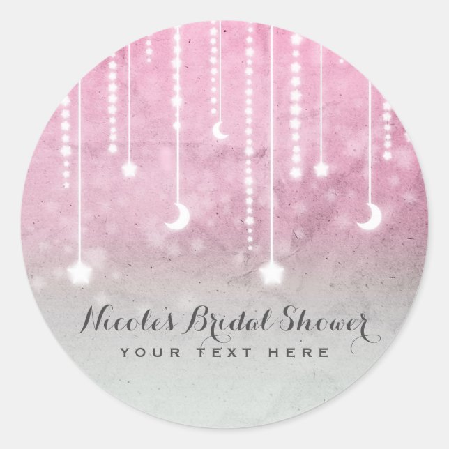 Pink Gray White Moon & Stars Celestial Baby Dusche Runder Aufkleber (Vorderseite)