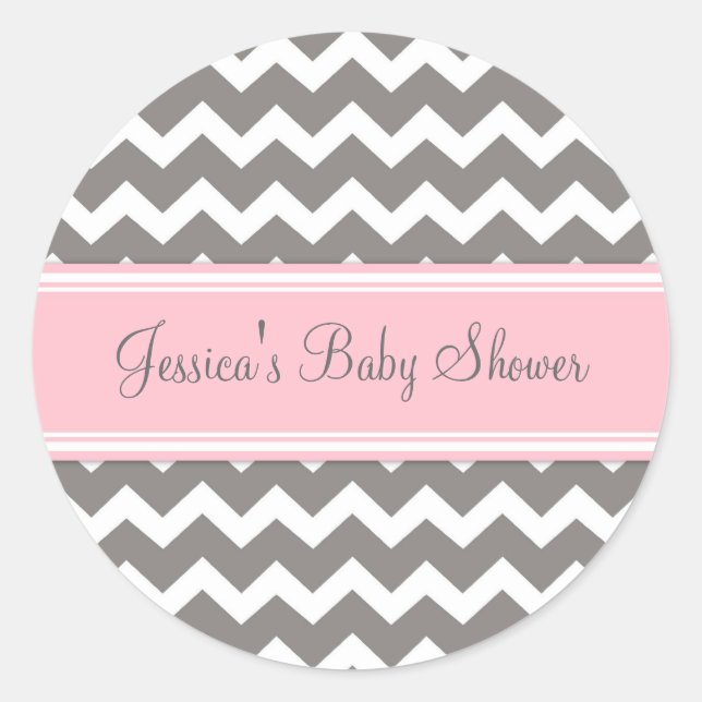 Pink Gray Zickzack Baby Dusche Pflegeaufkleber Runder Aufkleber (Vorderseite)