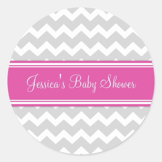 Pink Gray Zickzack Baby Dusche Pflegeaufkleber Runder Aufkleber (Vorderseite)
