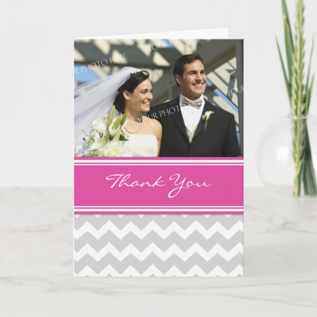 Pink Gray Zickzack Foto Hochzeit Danke Karte (Vorderseite)