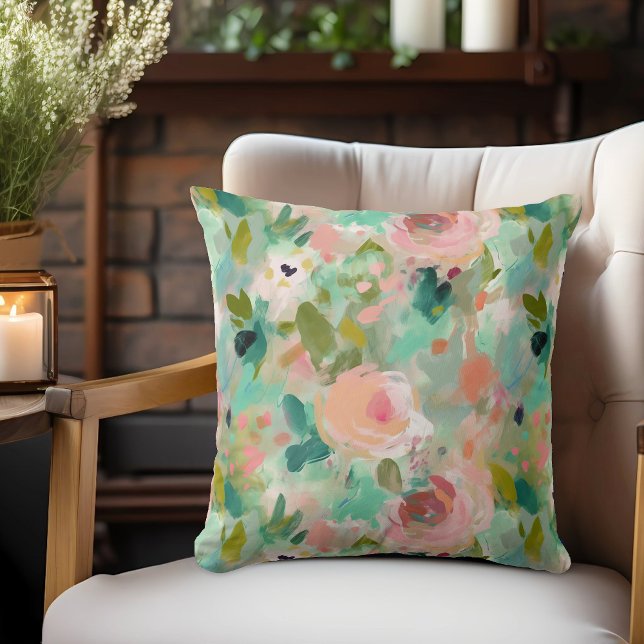 Pink Green Abstrakt Painting Floral Muster Kissen (Von Creator hochgeladen)