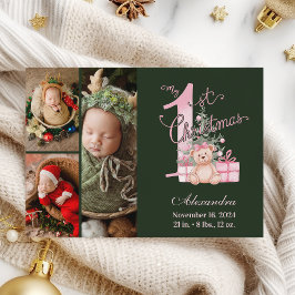 Pink Green Baby First Christmas 3 Photo   Feiertagskarte