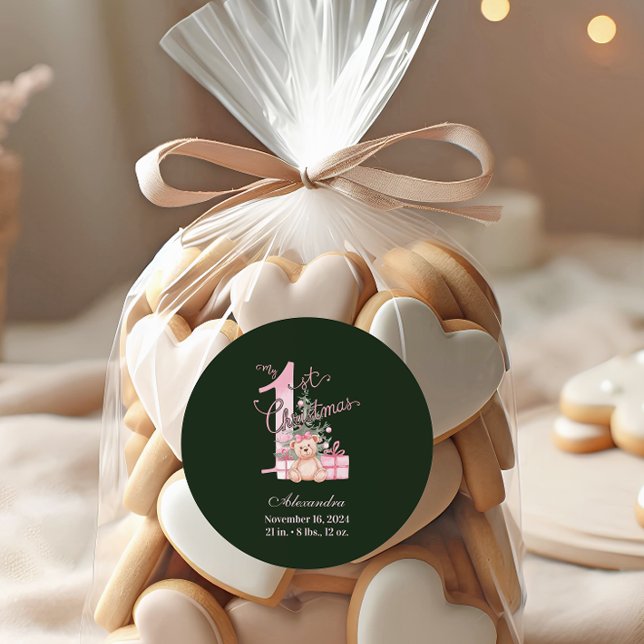 Pink Green Baby First Christmas Runder Aufkleber (Von Creator hochgeladen)