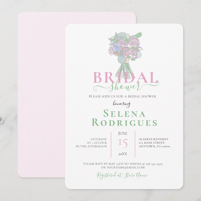 Pink & Green Bouquet Illustration Brautparty Einladung (Vorne/Hinten)