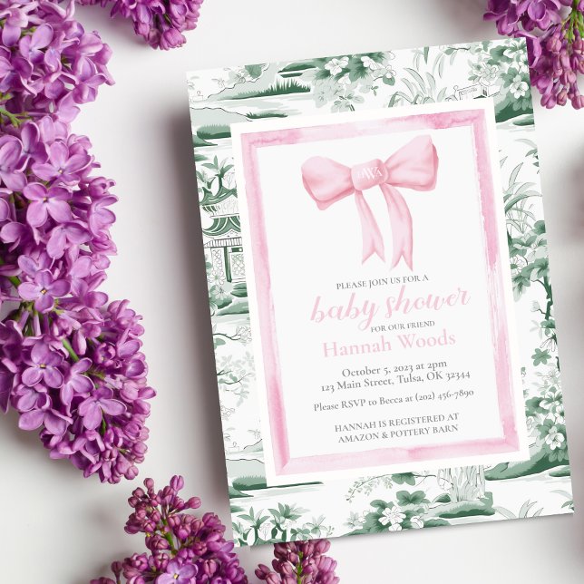Pink & Green Bow Chinoiserie mit Hinterteil-Bearbe Einladung (Von Creator hochgeladen)