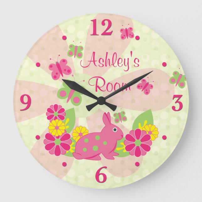 Pink Green Bunny Rabbit Butterfells Blume Große Wanduhr (Vorderseite)