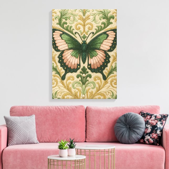 Pink & Green Butterfly Stretched Canvas Print Leinwanddruck (Insitu (Wohnzimmer))
