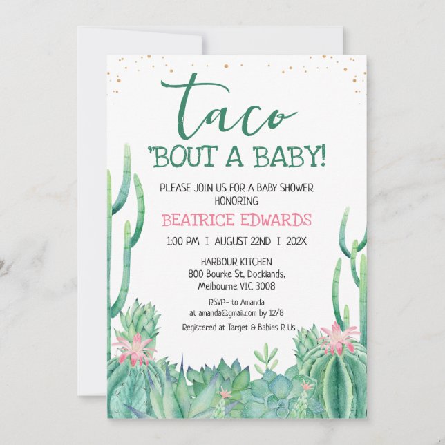 Pink Green Cactus Taco 'Bout A Baby Shower Einladung (Vorderseite)