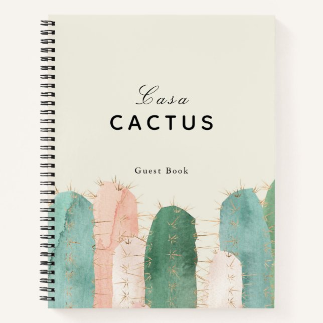Pink & Green Cactus Vacation Rental Guest Book Notizbuch (Vorderseite)