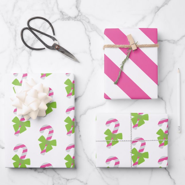Pink & Green Candy Cane Weihnachtswrapping Paper Geschenkpapier Set (Vorderseite)