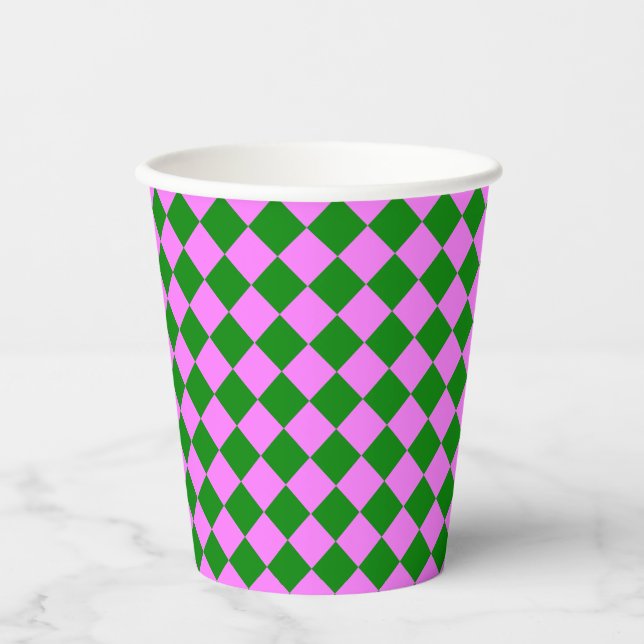 Pink Green Checker Diamond Pattern Pappbecher (Vorderseite)