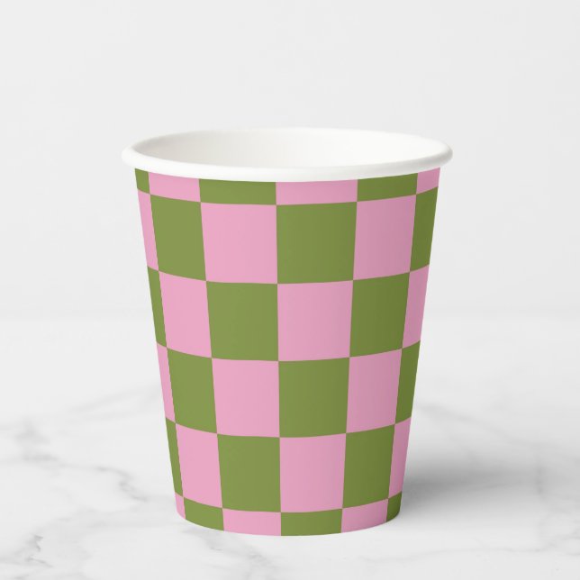 Pink Green Checkered Gingham Pattern Pappbecher (Vorderseite)