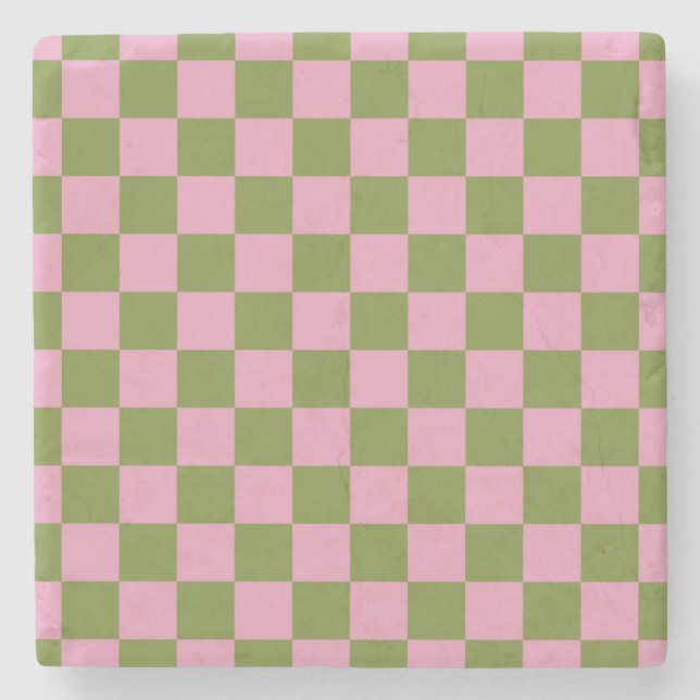 Pink Green Checkered Gingham Pattern Steinuntersetzer (Vorderseite)