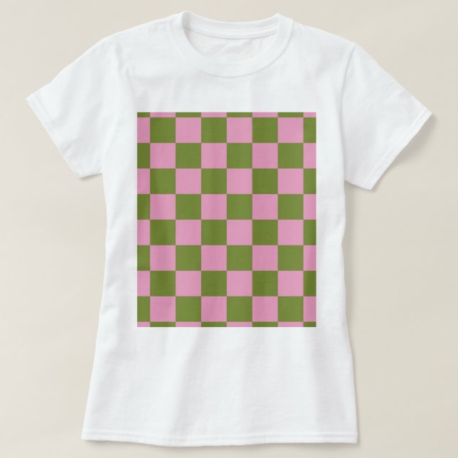 Pink Green Checkered Gingham Pattern T-Shirt (Design vorne)
