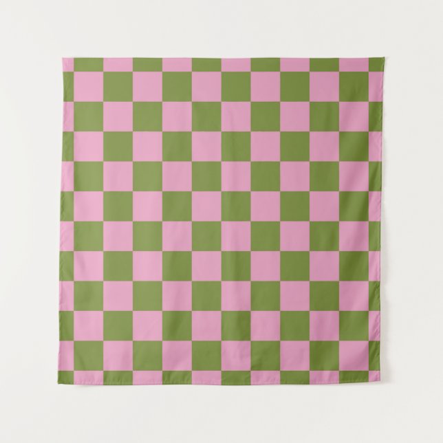 Pink Green Checkered Gingham Pattern Wandteppich (Vorderseite)