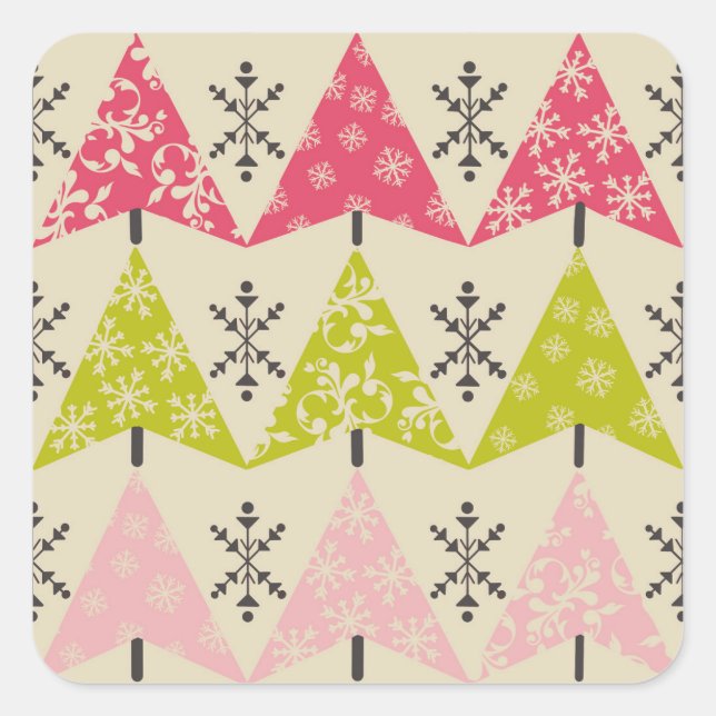 Pink & green Christmas trees Quadratischer Aufkleber (Vorderseite)