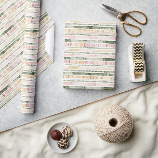Pink Green Cream Stripes Birthday Geschenkpapier (Kunsthandwerk)