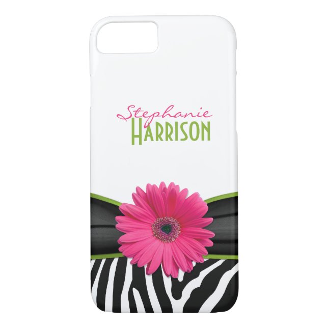 Pink Green Daisy Zebra Print Personalisiert Case-Mate iPhone Hülle (Rückseite)