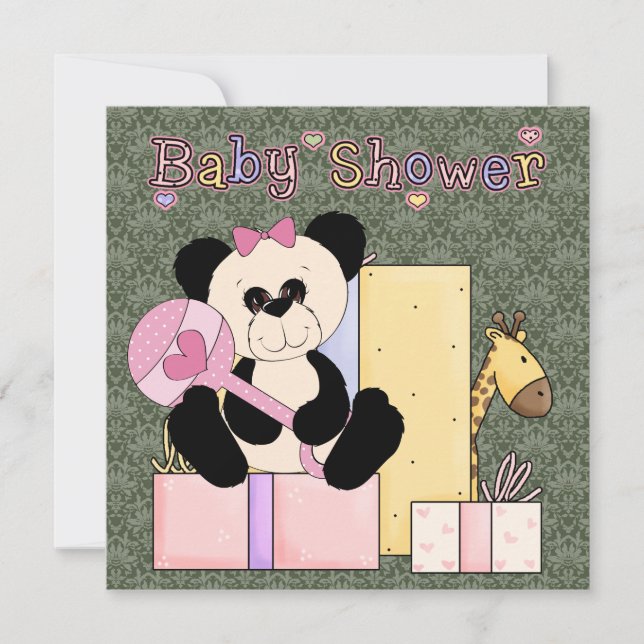 Pink Green Damask Teddy Bear Baby Girl Dusche Einladung (Vorderseite)