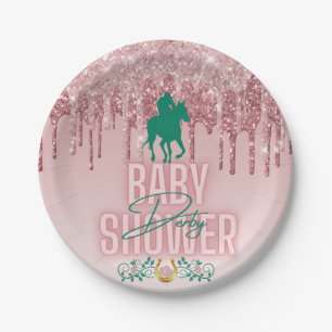 Pink Green Elegante Glitzer Tropfen Derby Baby Dus Pappteller