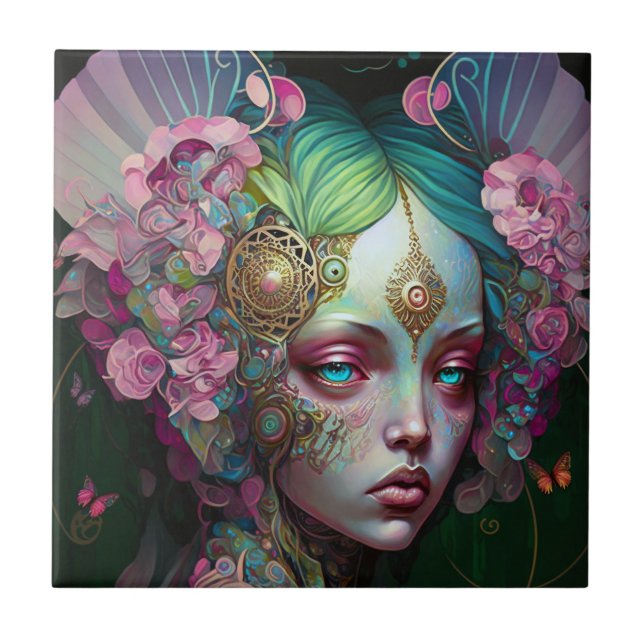 Pink Green Elf Fairy Woman Fantasy Art Fliese (Vorderseite)