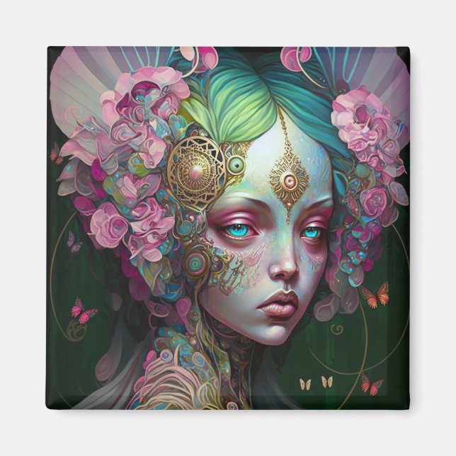 Pink Green Elf Fairy Woman Fantasy Art Magnet (Vorne)