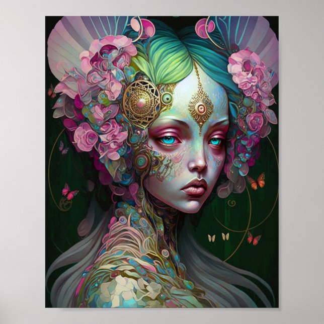 Pink Green Elf Fairy Woman Fantasy Art Poster (Vorne)
